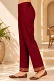 Burgundy Cashmilon Kashmiri Embroidered Lace Pants With Pockets
