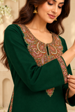 Set of 2: Dark Green Cashmilon Kashmiri Embroidered Lace Phiran & Pant Set - Free Size