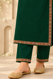 Set of 2: Dark Green Cashmilon Kashmiri Embroidered Lace Phiran & Pant Set - Free Size