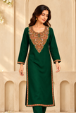 Dark Green Cashmilon Kashmiri Embroidered Lace Phiran - Free Size