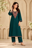 Set of 2: Teal Green Cashmilon Kashmiri Embroidered Lace Phiran & Pant Set - Free Size
