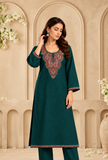 Teal Green Cashmilon Kashmiri Embroidered Lace Phiran - Free Size