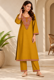 Set of 2: Noor Mustard Gold Cashmilon Kashmiri Embroidered Lace Phiran & Pant Set - Free Size