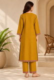 Set of 2: Noor Mustard Gold Cashmilon Kashmiri Embroidered Lace Phiran & Pant Set - Free Size