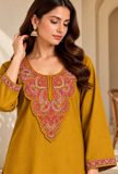 Set of 2: Noor Mustard Gold Cashmilon Kashmiri Embroidered Lace Phiran & Pant Set - Free Size