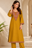 Noor Mustard Gold Cashmilon Kashmiri Embroidered Lace Straight-Fit Phiran - Free Size