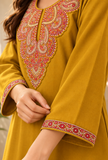 Noor Mustard Gold Cashmilon Kashmiri Embroidered Lace Straight-Fit Phiran - Free Size