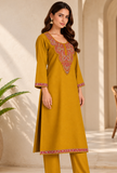 Noor Mustard Gold Cashmilon Kashmiri Embroidered Lace Straight-Fit Phiran - Free Size