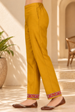 Mustard Cashmilon Kashmiri Embroidered Lace Straight-Fit Pants with Pockets
