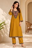 Set of 2: Zariya Sunehri Mustard Cashmilon Kashmiri Embroidered Lace Phiran & Pant Set - Free Size