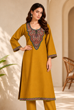 Zariya Mustard Cashmilon Kashmiri Embroidered Lace Straight-Fit Phiran - Free Size