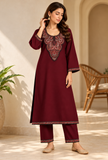 Set of 2: Aafreen Wine Maroon Cashmilon Kashmiri Embroidered Lace Phiran & Pant Set - Free Size