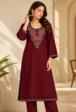 Aafreen Maroon Straight-Fit Cashmilon Kashmiri Embroidered Lace Phiran - Free Size
