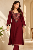 Aafreen Maroon Straight-Fit Cashmilon Kashmiri Embroidered Lace Phiran - Free Size
