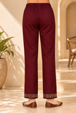 Maroon Cashmilon Straight-Fit Embroidered Lace Pants With Pockets