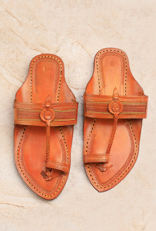 Adit Beige Pure Leather Kolhapuri Flats- For Men