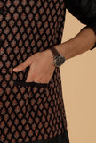 Black Ajrakh Print Cotton Sleeveless Nehru Jacket With Pockets