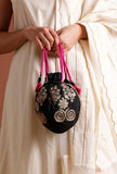 Onyx Black Dupion Silk Potli with Pink Strings