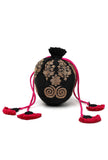 Onyx Black Dupion Silk Potli with Pink Strings