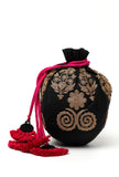 Onyx Black Dupion Silk Potli with Pink Strings