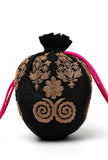 Onyx Black Dupion Silk Potli with Pink Strings