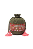 Mehandi Green Cotton Mirror Tassells Potli