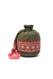 Mehandi Green Cotton Mirror Tassells Potli