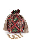 Aarna Green, Red & Multi Silk Patola Print Potli With Tassels