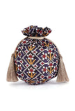 Chahat Blue, White & Multi Silk Patola Print Potli With Tassels
