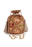Chhaya Golden & Multi Silk Patola Print Potli With Tassels