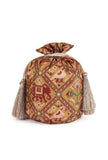 Chhaya Golden & Multi Silk Patola Print Potli With Tassels