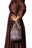 Idika Blue, White & Multi Silk Patola Print Potli With Tassels