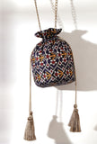 Idika Blue, White & Multi Silk Patola Print Potli With Tassels
