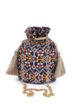 Idika Blue, White & Multi Silk Patola Print Potli With Tassels