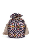 Idika Blue, White & Multi Silk Patola Print Potli With Tassels