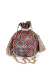 Kashvi Blue, Coral & Multi Silk Patola Print Potli With Tassels