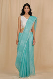 Set Of 2: Turquoise Blue Kota Doria Cotton Saree With 
Embroidered Stitched Blouse