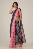 Set of 2: Pink and Blue Ikat Bandhani Linen Zari Saree with Blouse