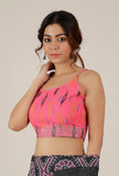 Set of 2: Pink and Blue Ikat Bandhani Linen Zari Saree with Blouse