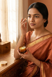 Woman in traditional attire applying Saffron Under Eye Gel beneath her eye from amber jar