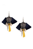 Cobalt Blue And Yellow Tassel Earrings With Cowrie Shell