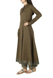 Khaki Green Cotton Anarkali With Ajrakh Border