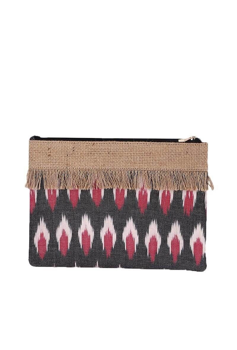 Slate Grey And Plum Ikat Print Pouch With Jute Fringes