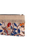 Blue And Beige Kalamkari Print Pouch With Jute Fringes