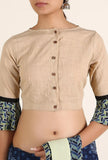 Beige Three Quarter South Cotton Blouse With Ajrakh Bell Sleeves