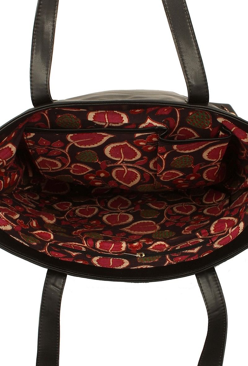 Charcoal Black Tote Bag With Hibiscus Red Kalamkari Pouch