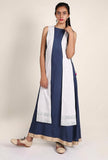 Imperial Blue Rayon Maxi Dress With White Cotton Tie Up Overlay Set Featuring Floral Block Printing Set