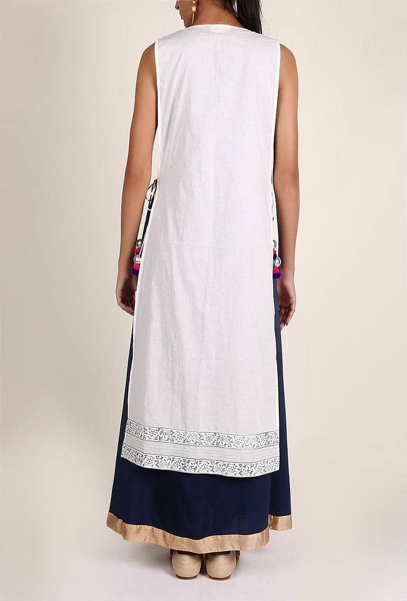 Imperial Blue Rayon Maxi Dress With White Cotton Tie Up Overlay Set Featuring Floral Block Printing Set