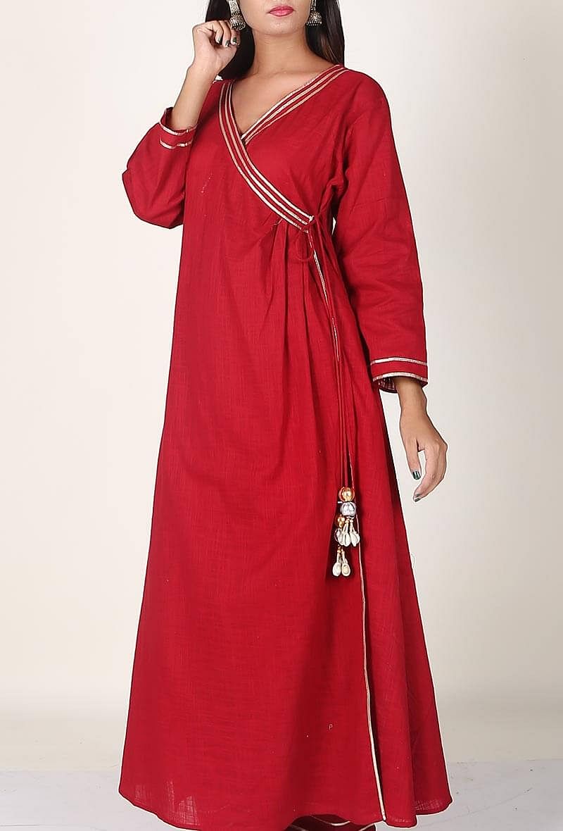 Crimson Red Gota Handloom Cotton Angrakha