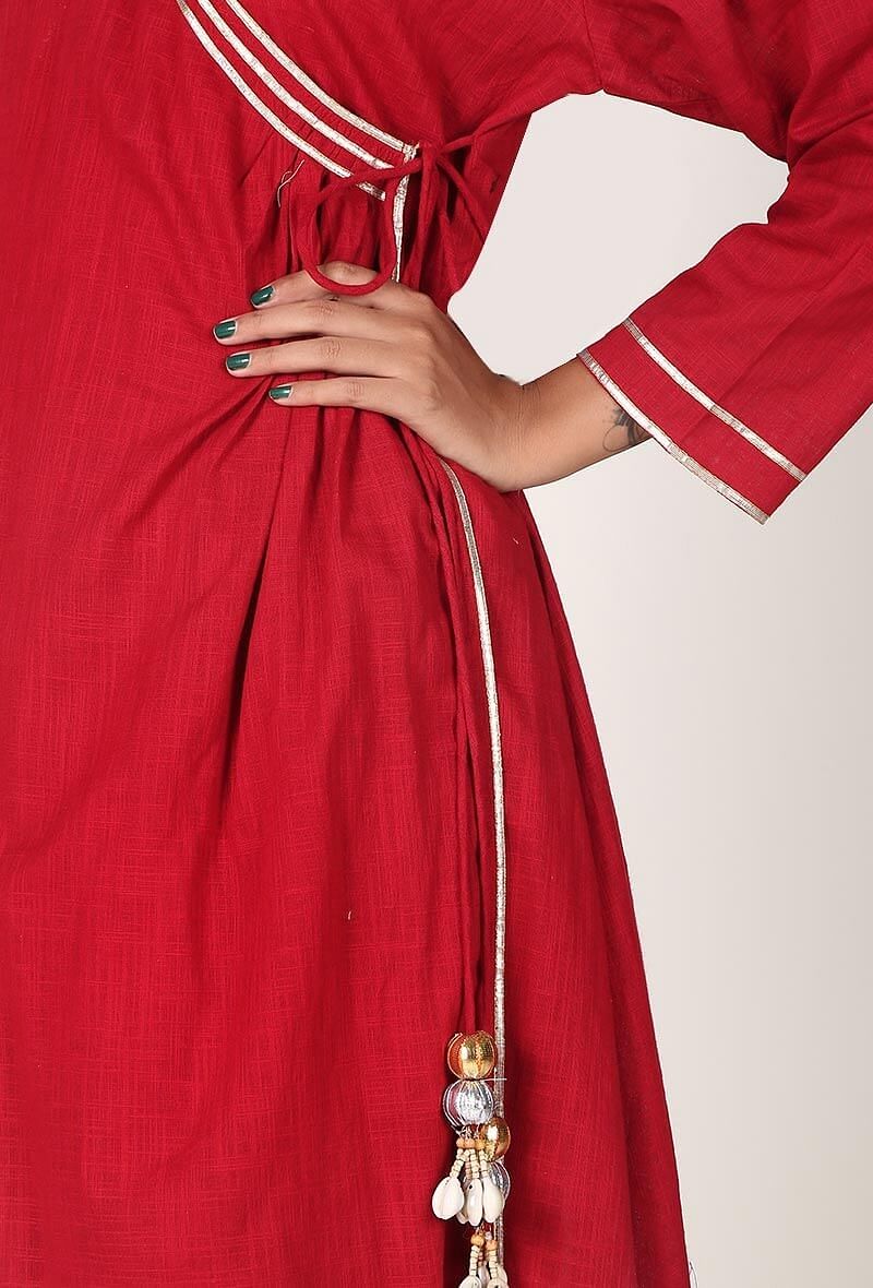 Crimson Red Gota Handloom Cotton Angrakha